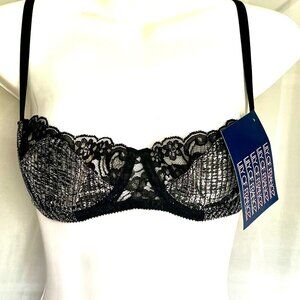 Vintage Lily of France NWT Demi Lace Bra in Metallic Silver and Black Lace